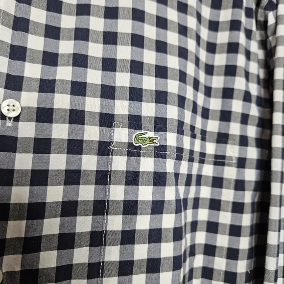 Lacoste Button Up Long Sleeve Gingham Classic Fit Poplin Shirt Sze 44 Blue White - Picture 4 of 10